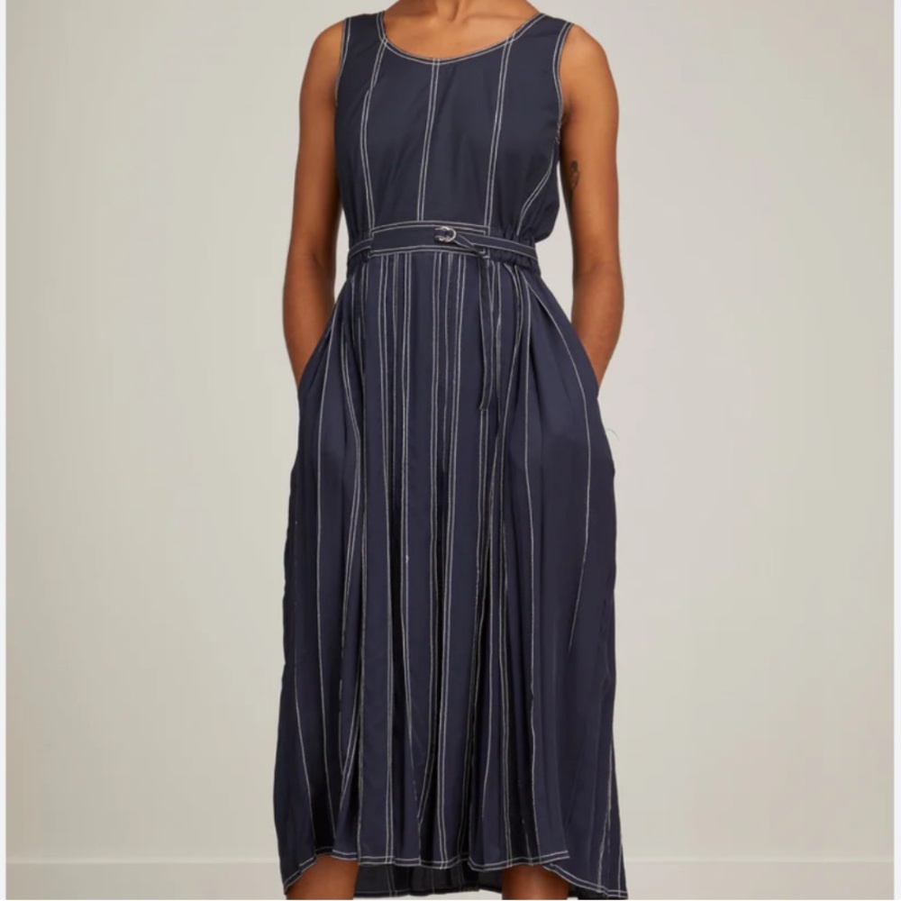 LOVEBIRDS Navy Silk Contrasting Stitching Dress